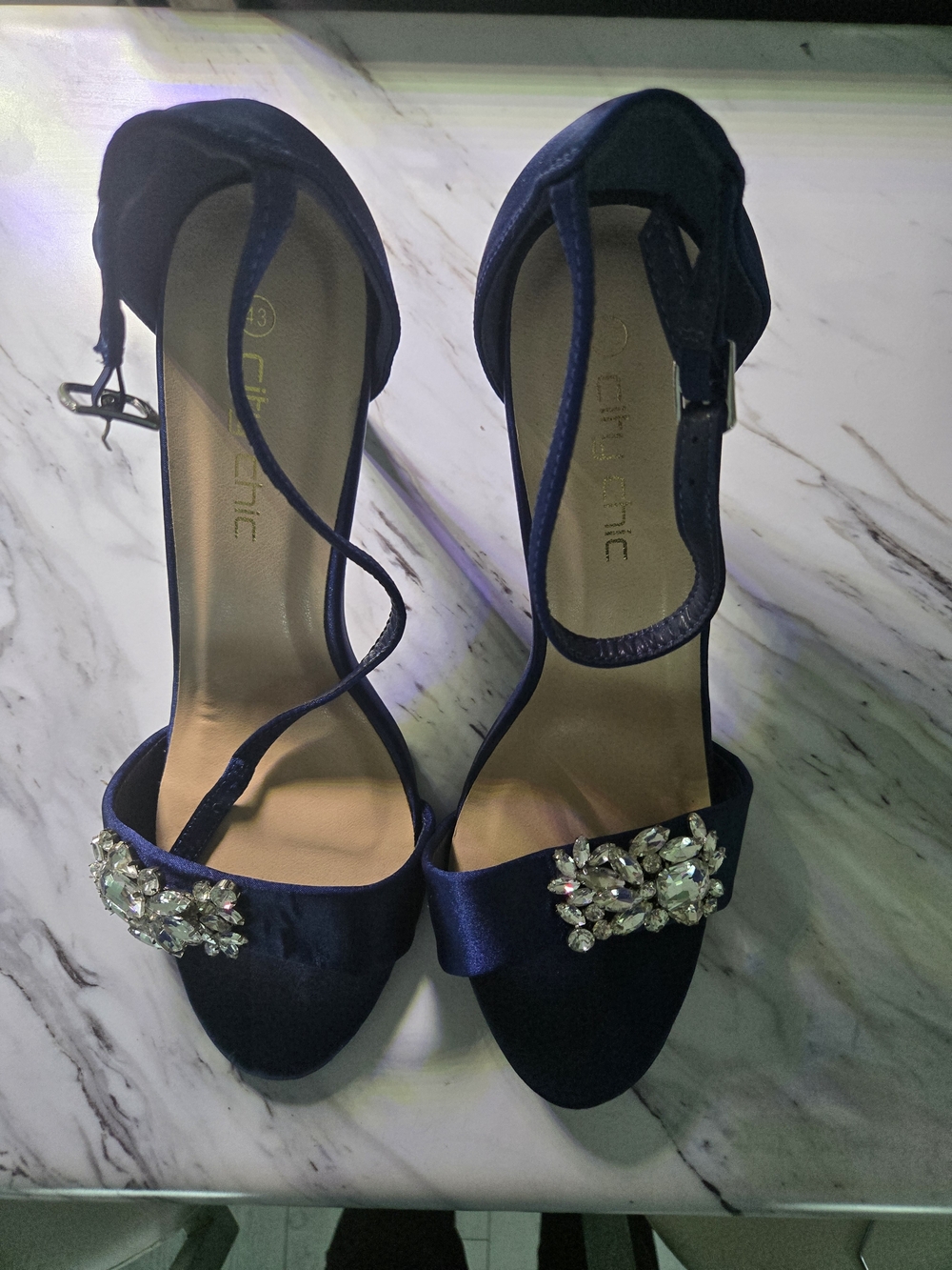 City Chic Navy Satin Embellished Ankle-Strap Heels - Never Worn